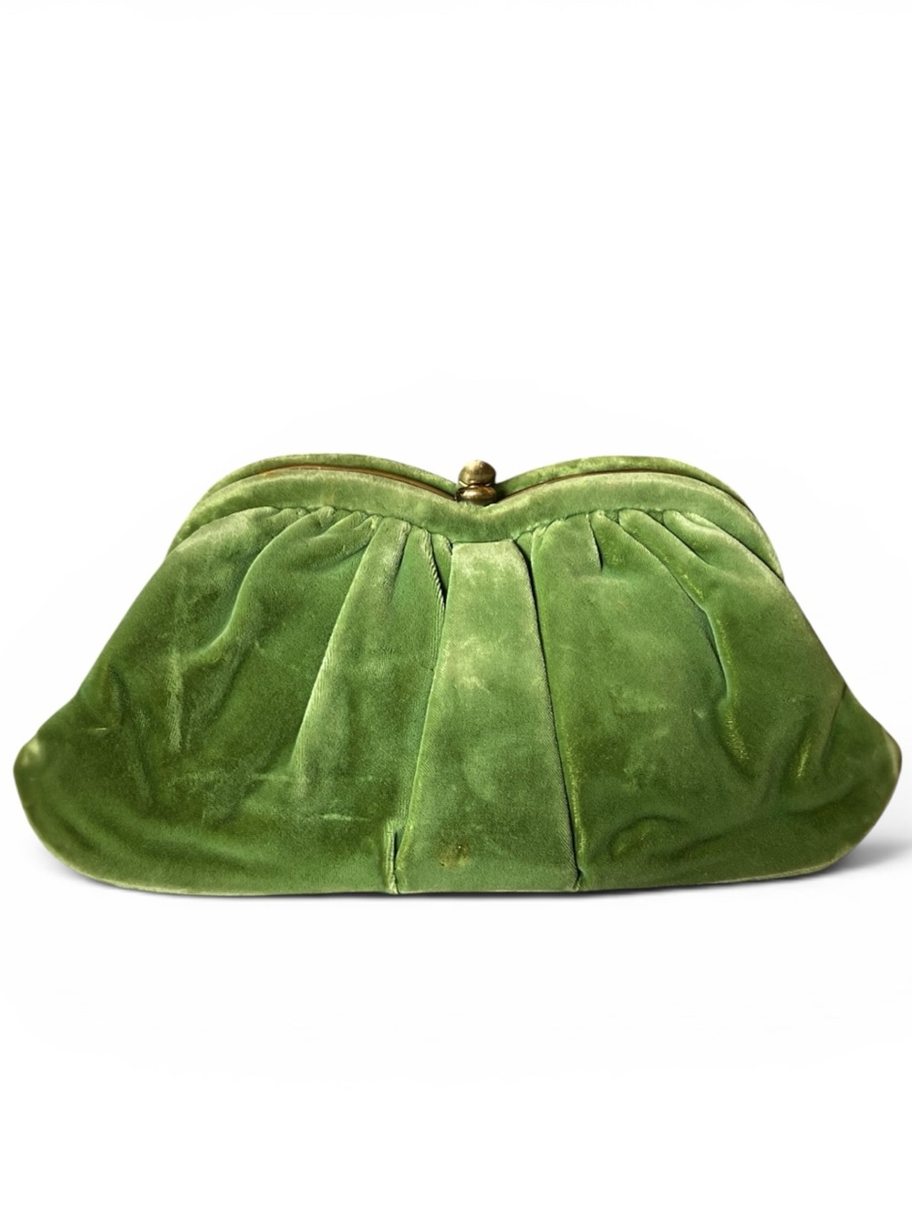 RARE VINTAGE L & M Spot-Lite Grass Green Velvet Ruched Kiss Lock Evening Clutch